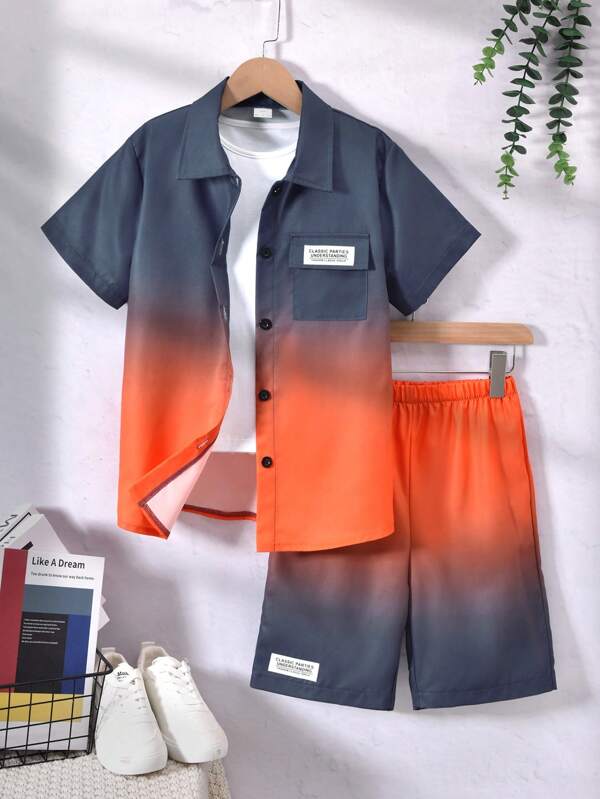 Vihyde 2pcs Tween Boy Ombre Color Short Sleeve Shirt & Shorts Set, Casual Vacation Outfit
