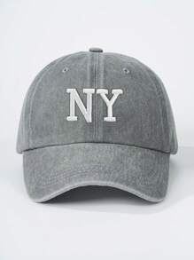 1件男士刺繡NY洗水棒球帽，帶可調節帶，適用於戶外休閒棒球帽 - 灰色 - 查看 3