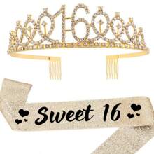 2 件/套黄金岁数 30 岁 40 岁 50 岁 60 岁 70 岁 80 岁 1 件水钻水晶皇冠 +1 件披肩头饰生日周年装饰生日快乐缎带派对用品发带发刷生日女王女士发刷发带，圣诞节