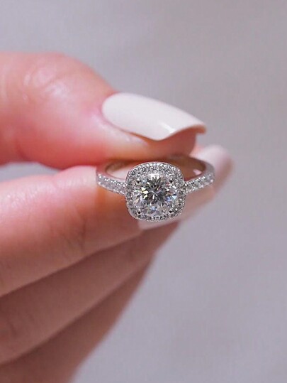 Esberry Anel de Noivado Moissanite Branco para Mulheres S925 Prata Esterlina Anel de Corte Quadrado Clássico com Diamantes de Zircônia Eternidade Anel de Aniversário Joia de Luxo Presente de Joias de Casamento Joias Nupciais de Strass