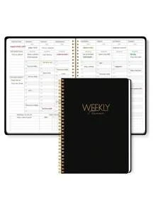 1本极简主义周计划笔记本，适用于个人办公、约会、家庭、学习安排，每日和每周计划，带习惯追踪器，有效掌控日常生活，学习和办公用品，女士桌面装饰 - 黑色 - 查看 5