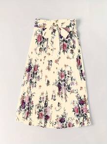 Women's Satin Floral Print Tie-Waist Pleated Elegant Skirt