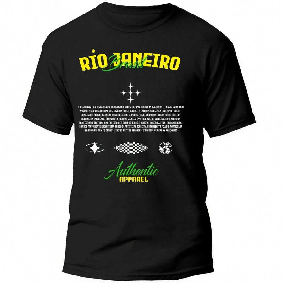 Playera Negra Hombre Río de Janeiro Brasil Casual 100% Algodón - Negro - Ver 1