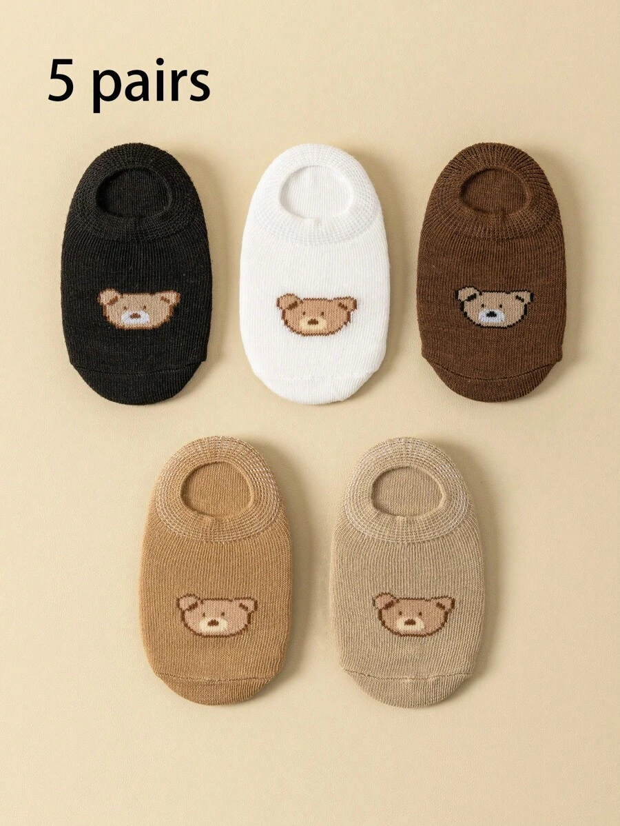5 双婴儿袜子四季可爱熊图案舒适透气儿童踝袜低帮