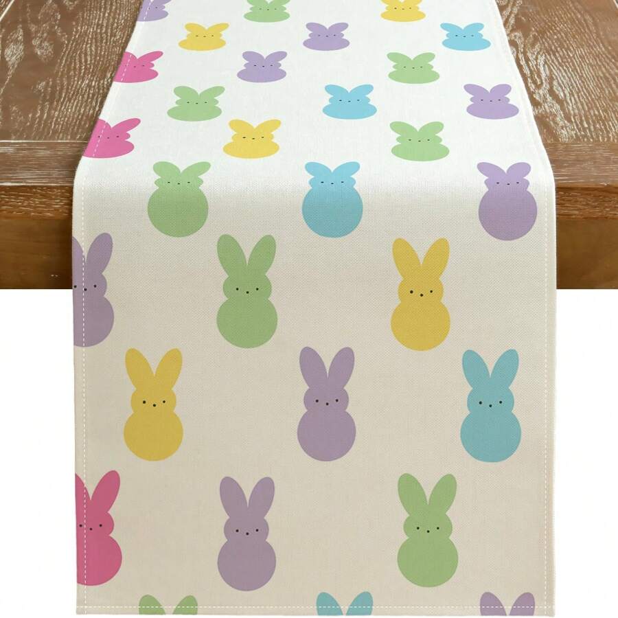 1 pieza Camino de mesa de Pascua, decoración de conejo colorido, estilo rústico festivo, decoración de mesa de comedor de primavera, cocina y comedor, decoración de fiesta interior y exterior - Multicolor - Ver 1