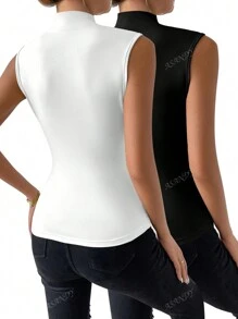 2pcs Women Sleeveless Solid Color Criss-Cross Front Camisole Top And T-Shirt Set
