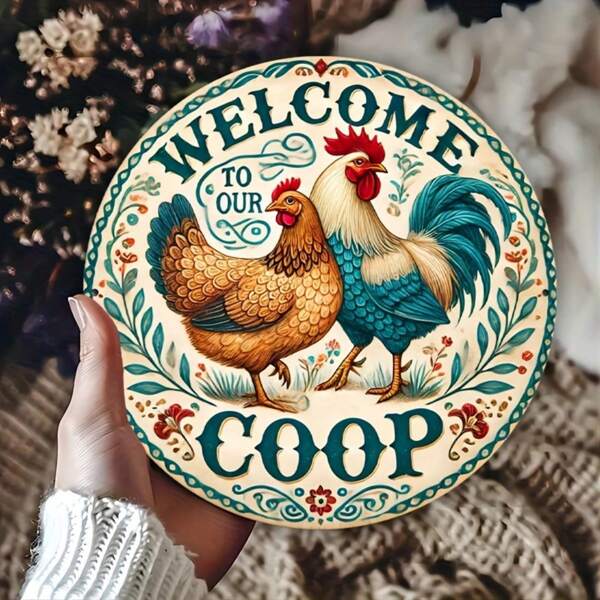 1 pieza Cartel metálico "Bienvenido a nuestro gallinero" - 7,8"X7,8", decoración de estilo casa de campo rústica con retrato de animal, apto para exteriores, jardín, garaje y porche, con agujeros aleatorios en la Top/inferior/izquierda/derecha