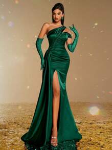 Smilprince 女士优雅单肩缎面礼服，高开叉，可拆卸蕾丝手套，正式晚礼服，婚礼宾客礼服，派对礼服 - 墨綠色 - 查看 7
