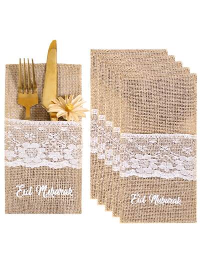 5pcs/Set Natural Ramadan Kareem Burlap Lace Utensil Cutlery Holders, 4"X8" Pouch Bags For Knifes, Forks, Napkin, Rustic Silverware Holder Bag For Eid Mubarak Islamic Party Decoration Supplies, Party Decoration, Home Decoration Supplies, Party Favor Decor
