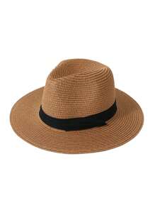 1pc Unisex Two Tone Boho Jazz Panama Sun Visor Beach Straw Hat - Khaki - View 10