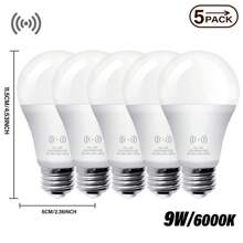 5个装 Kasotile A19 光控感应 LED 灯泡，相当于 60W 白炽灯，功率 9W，3000K 暖白光和 6000K 日光双色温，E26 灯头，10000 小时寿命，适用于洗衣房、地下室、走廊、衣柜等场所。 - 白色 - 9W - 查看 9