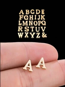 1 对简约不锈钢 26 个英文字母耳钉，带首字母的情侣耳环 - 金黃色 - 查看 24