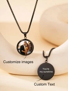 Customizable Photo Print Necklace, Geometric Circle Shape Can Be Engraved With Photos, Pendant Necklace For Mother's Day, Couples