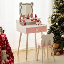 Karl Home 2 In 1 Kids Vanity Set With Lighted Mirror, Bear-Shaped Pretend Play Makeup Dressing Table With Large Drawer & Storage Shelf, Toddler Vanity Table & Chair Set For Little Girls, Pink Gifts
