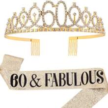 2 件/套黄金岁数 30 岁 40 岁 50 岁 60 岁 70 岁 80 岁 1 件水钻水晶皇冠 +1 件披肩头饰生日周年装饰生日快乐缎带派对用品发带发刷生日女王女士发刷发带，圣诞节