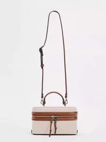 Fashionable Bicolor Beige Canvas Vintage PU Mini Handbag, Business Casual Woman Bag Perfect For Office Business And Work - Beige - View 7