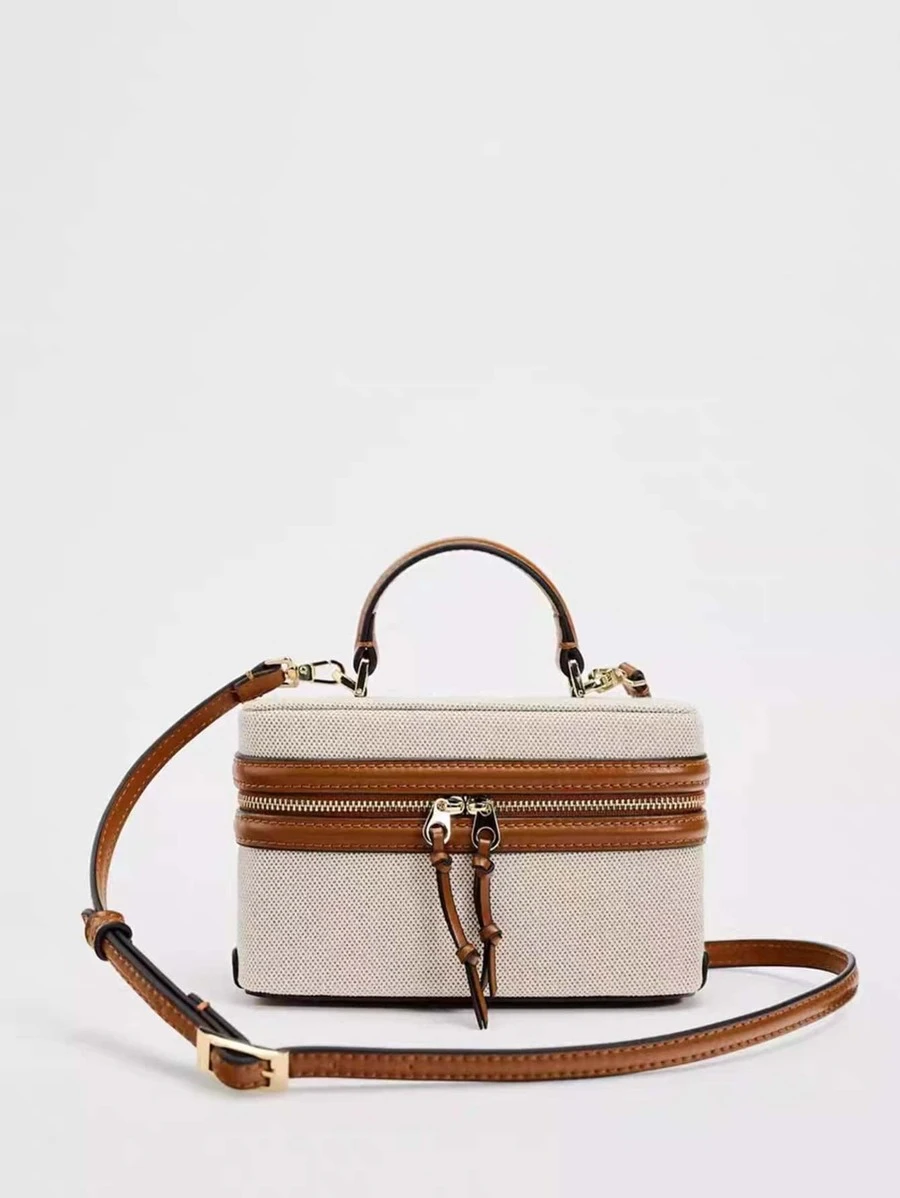 Fashionable Bicolor Beige Canvas Vintage PU Mini Handbag, Business Casual Woman Bag Perfect For Office Business And Work - Beige - View 1