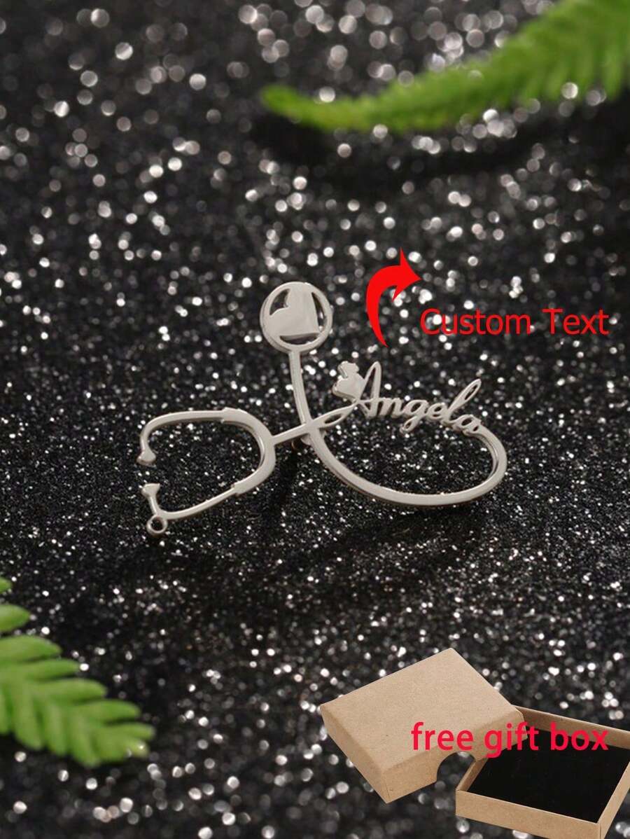 定制姓名别针个性化听诊器胸针 DIY 签名胸针纪念铭牌胸针不锈钢首饰护士节医生纪念品礼物 - 銀色 - 查看 1