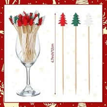 50/100pcs/Pack Christmas Pattern Bamboo Skewers, Christmas Tree, Santa Claus, Snowman Cake Toppers, Holiday Supplies, Disposable Artistic Toothpicks, Fruit Dessert Forks, Fruit Picks, Suitable For Christmas Parties, Perfect Gift - Multicolor - View 3