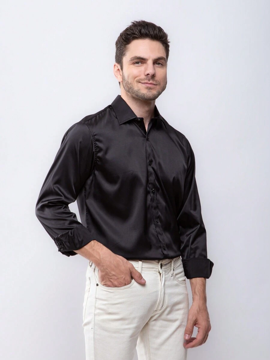 Slim Fit Long Sleeve Black White Dress Shirt Super Offer Immediate Shipping New Collection - 黑色 - 查看 1