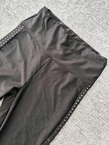 High Waisted Nylon Semi-Sheer Sequin Patchwork Leggings, Shinny Fabric With Stretch, Spring/Summer - Black - View 8