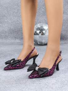 女士尖头水钻蝴蝶花卉豹纹踝带高跟鞋，性感、时尚、优雅，适合宴会，玫瑰红色 - 玫紅色 - 查看 2