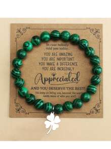 1pc Green Turquoise Beaded Bracelet With Stainless Steel Four-Leaf Clover Pendant, Suitable For Men's Daily Wear, Perfect Gift For St. Patrick's Day