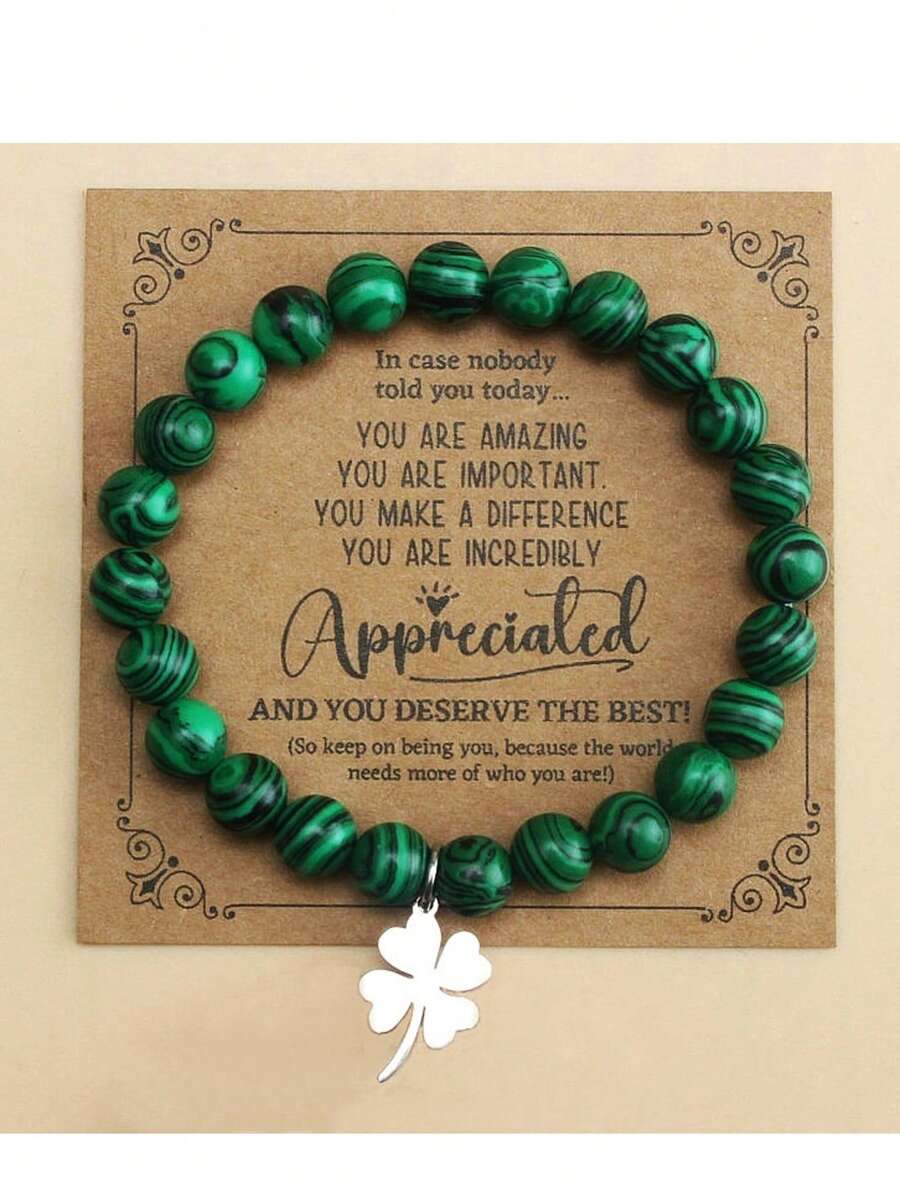 1pc Green Turquoise Beaded Bracelet With Stainless Steel Four-Leaf Clover Pendant, Suitable For Men's Daily Wear, Perfect Gift For St. Patrick's Day