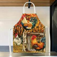 1 件装鸡图案亚麻围裙，创意趣味印花防水防油家居清洁围裙，易于清洁的厨房烹饪烘焙围裙，创意家居围裙，工作服