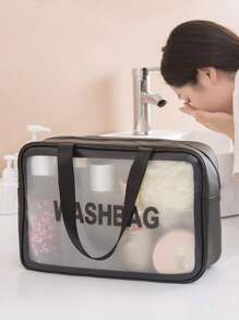 1 Stück beschrifteter Make-up Beutel, Damen Reise Kosmetiktasche, wasserfeste Kulturtasche, Make-up Organizer mit großem Fassungsvermögen, transparente Kulturtasche, geeignet für Badezimmer, Wohnheim, Kreuzfahrt, Strand, Urlaub, Sommerferien