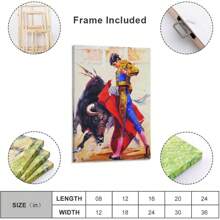 1 pieza Pintura al óleo con marco de madera de decoración de arte de torero español, arte de pared de toro de corrida occidental, decoración de pared, decoración para el hogar, decoración para la sala de estar (40x60cm) Marco - Enmarcado - Ver 2