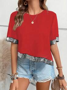 Women's Fashion Vibrant Color-Blocked Sequined Crew Neck Shirt Casual Short Sleeve Asymmetric Hem Top For Spring/Summer - Red - View 4