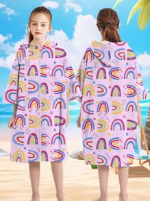 1pc Kids Girls Microfiber Quick Dry With Zipper And Hood Wearable Beach Towel, Waterproof Windbreaker For Swimming Pool, Beach, Rainbow, Watermelon, Leaves Design - Multicolor - View 16