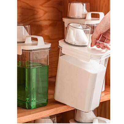 1 pieza Contenedor transparente para almacenar detergente de lavandería, con compartimientos divididos para suministros de lavandería, incluye taza medidora