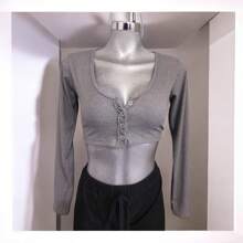 Sexy Crop Top Long Sleeve Button Down Blouse Womens Clothing - 灰色 - 查看 1