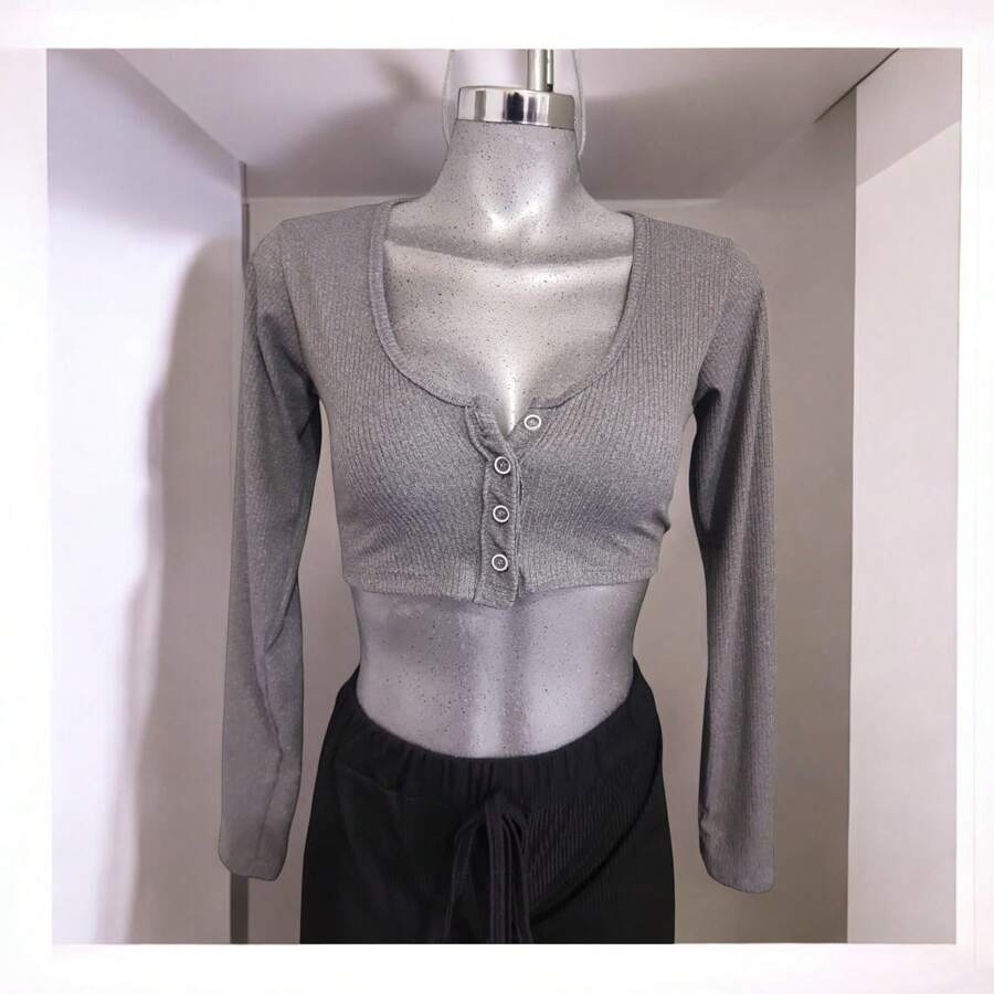 Sexy Crop Top Long Sleeve Button Down Blouse Womens Clothing - 灰色 - 查看 1