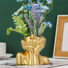 1 pieza Jarra delicada de resina con mano sosteniendo un rostro - Escultura de arte corporal humano hecho a mano, macetero, decoración de escritorio personal, almacenamiento de maquillaje, regalo exclusivo para el Día de San Valentín, Día de la Madre y otras festividades - Multicolor - Ver 1