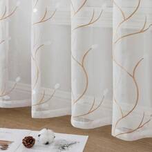 1 pieza Cortina blanca semi-transparente similar al lino con un patrón bordado floral, apta para la sala de estar y el dormitorio - Multicolor - Ver 4