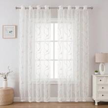 1 pieza Cortina blanca semi-transparente similar al lino con un patrón bordado floral, apta para la sala de estar y el dormitorio - Multicolor - Ver 3