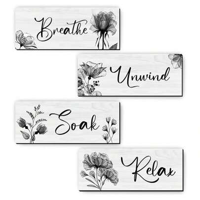 4 Pieces Bathroom Wall Art Country Farmhouse Decor Signs Relax Soak Breathe Wood Hanging Signs Suitable For Home SPA Bathroom Laundry Decor