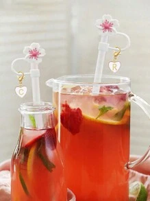 A2pcs/1set Heart & Letter Pomegranate Flower Straw Topper, Pink Cup Letter Marker, And Reusable Silicone Flower Straw Cover Caps For 10mm Diameter Straw, Cute Letter & Flower Decorations For Modern Minimalist Glass Cups, Cup Accessories, Holiday Party Gifts, Mother's Day Gift - Pink - View 6