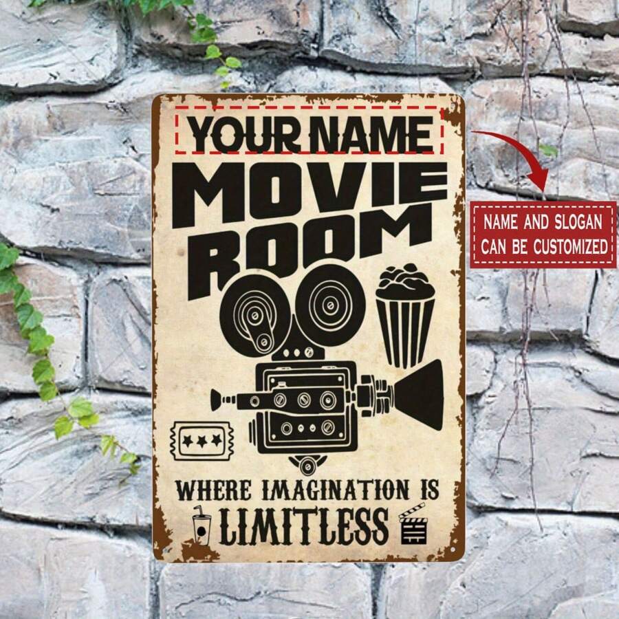 自定义名称或文字金属牌匾 - 个性化家庭影院装饰，复古风格墙板，8x12 英寸