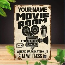 自定义名称或文字金属牌匾 - 个性化家庭影院装饰，复古风格墙板，8x12 英寸