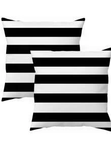 2pcs Black & White Striped Simple Design Polyester Plush Pillow Cover Sofa Throw Cushion Cover