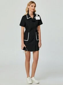 cimmuovere Ribbon Design Double-Breasted Collar & Pocket Elastic Waist Casual Or Professional Commute Elegant Women Pocket Lab Coat Surgical Gown Nurse Clinic Dental Doctor Beauty Salon Psychologist Private Care Dress Veterinary Hospital - Black - View 5