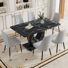 Modern Dining Table Set For 6,Faux Marble Kitchen Table And Chairs Set Of 6,Black Rectangular Dining Table With 6 Upholstered Chairs Set,63in Dinner Table Set For Dining Room,Kitchen,Living Room