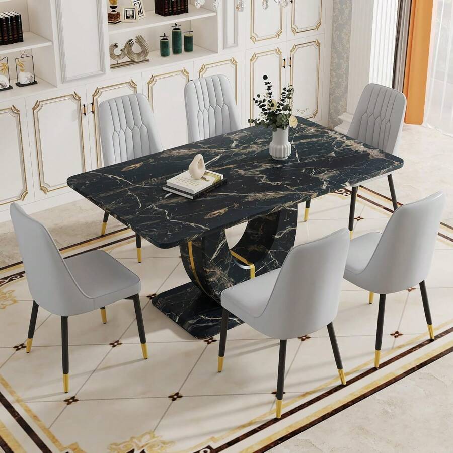 Modern Dining Table Set For 6,Faux Marble Kitchen Table And Chairs Set Of 6,Black Rectangular Dining Table With 6 Upholstered Chairs Set,63in Dinner Table Set For Dining Room,Kitchen,Living Room