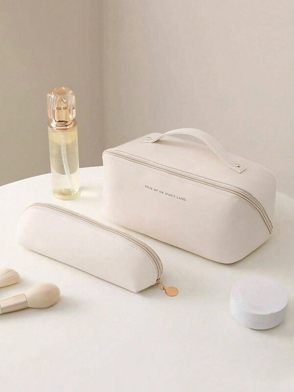 1/2 pièces Sac de maquillage blanc laiteux, sac de maquillage en forme de coussin en PU, trousse à pinceaux de maquillage portable, sac de toilette portable de grande capacité pour le stockage de cosmétiques, ambiance bohème, pour les vacances, la plage, la salle de bain, la chambre, de grande capacité