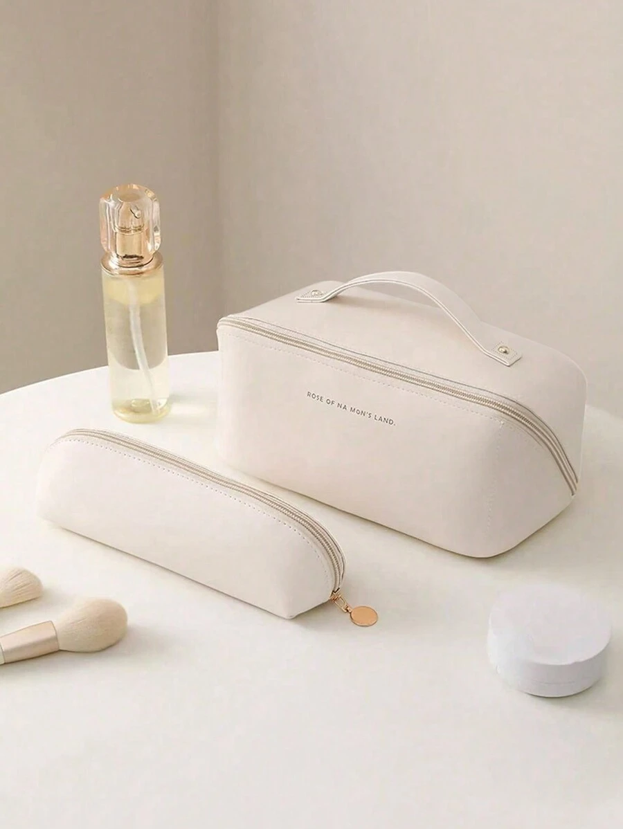 1/2 件化妆包，PU 皮革枕形手持化妆包，便携式刷子架，大容量便携式旅行洗漱包，适用于化妆品存储和整理，波西米亚风 - 粉色 - 查看 1