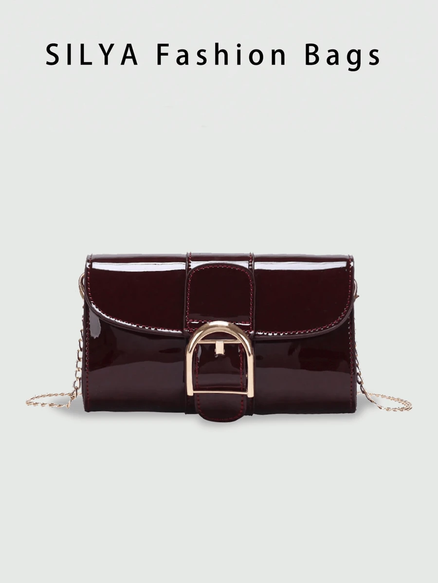 Bolso bandolera cuadrado mini de piel de poliuretano brillante y resistente al agua, de color vino tinto a juego con todo, con correa de cadena metálica, regalo ideal para Año Nuevo para mujeres, bolso burdeos de moda, bolso con inspiración retro para mujeres